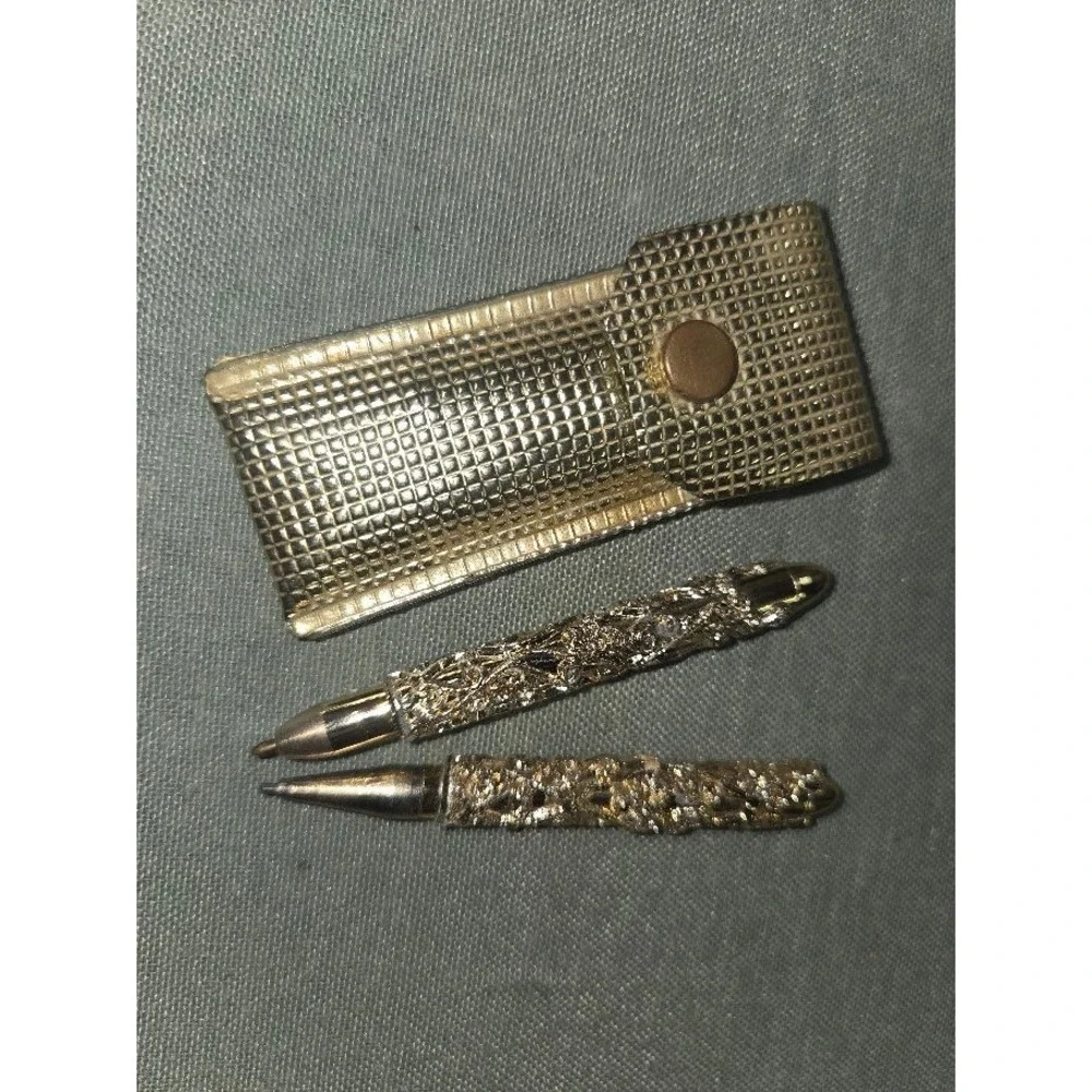 Vintage Miniature Gold Tone Filigree Pen and Pencil Set with Pouch Pocket Size